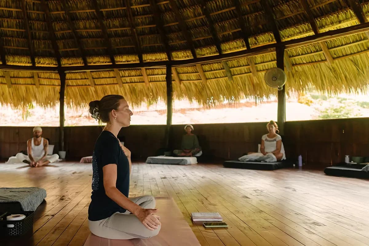 Retreat guests practicing embodied movement and breath awareness